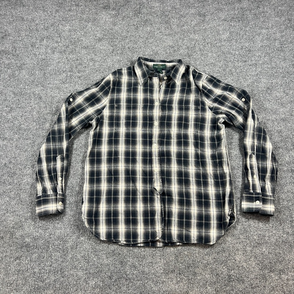 Ralph Lauren Flannel Shirt Women Medium Black White Plaid Cotton Roll Tab Sleeve - Picture 1 of 12